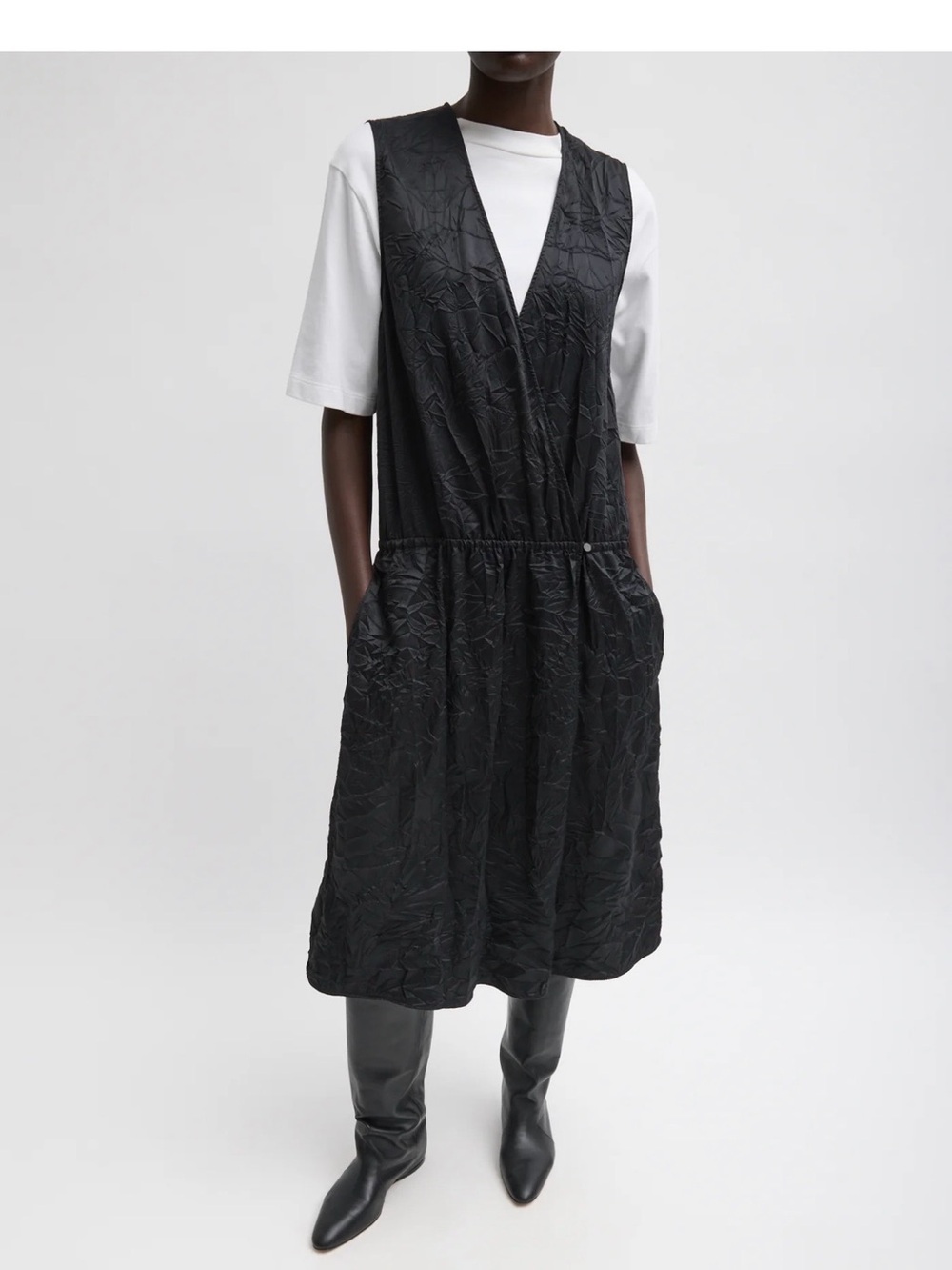 Tibi Black Sleeveless V-Neck Gathered Dress